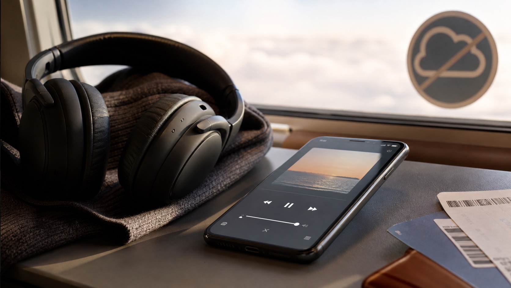 Natural travel photo of offline iPhone music playback with headphones near a window