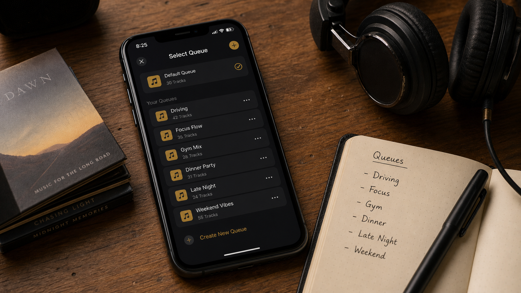 Natural desk photo of an iPhone music app showing separate named queues for driving, focus, gym, dinner, and weekend listening