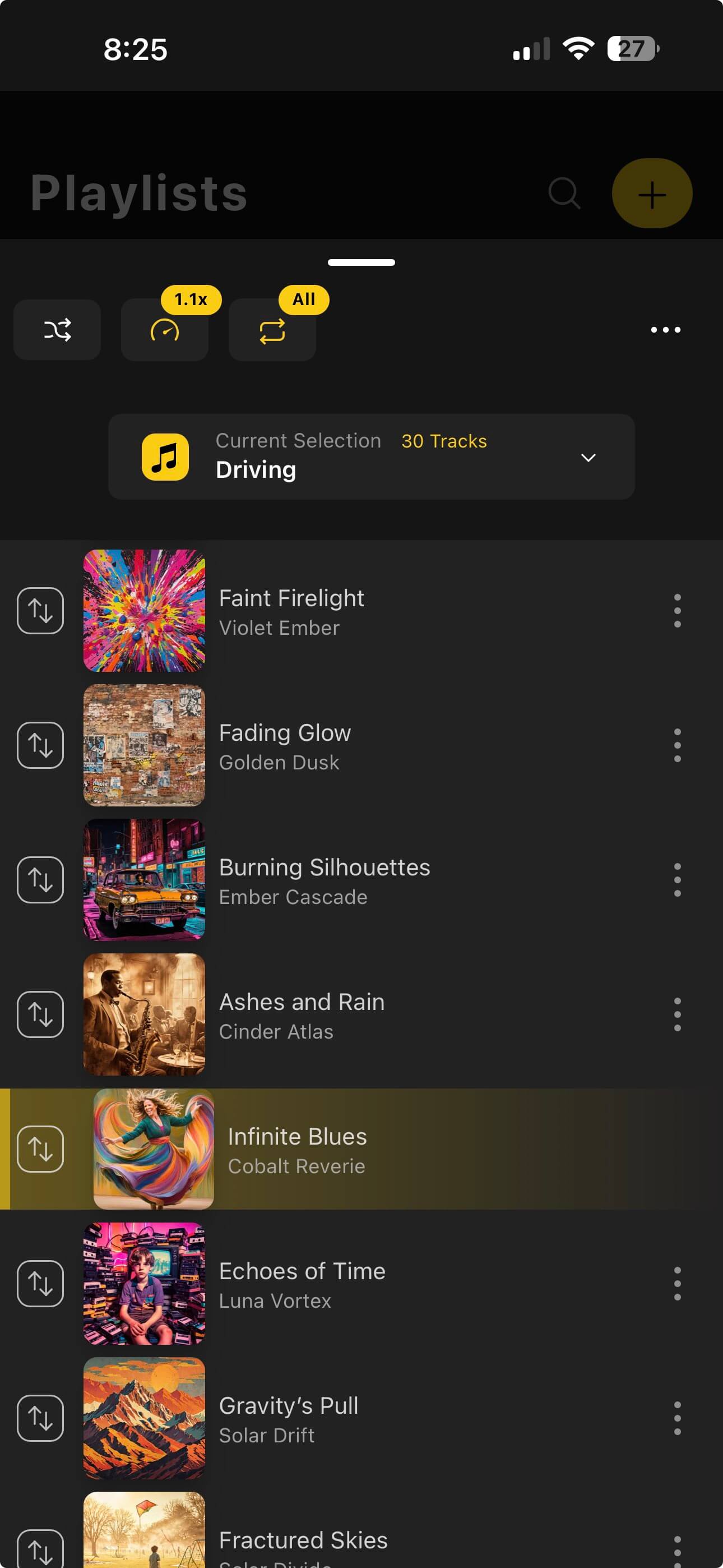 OfflineTunes queue screen showing selected Driving queue with reorder controls and track list