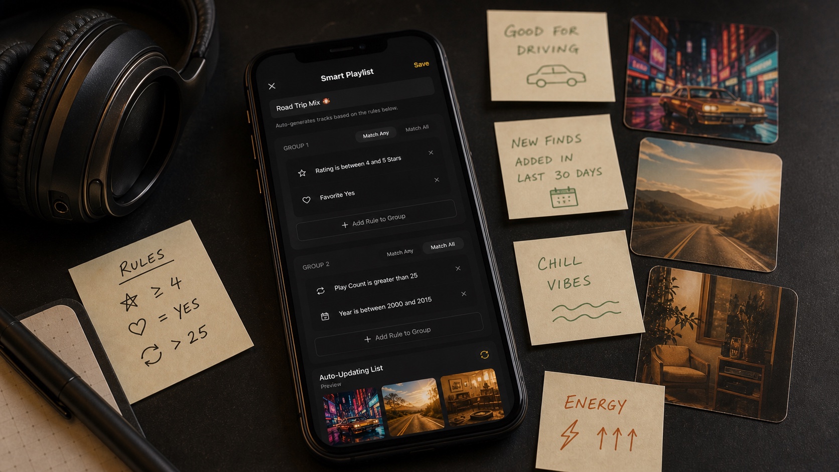 Natural desk photo of smart playlist rules on iPhone surrounded by music planning notes