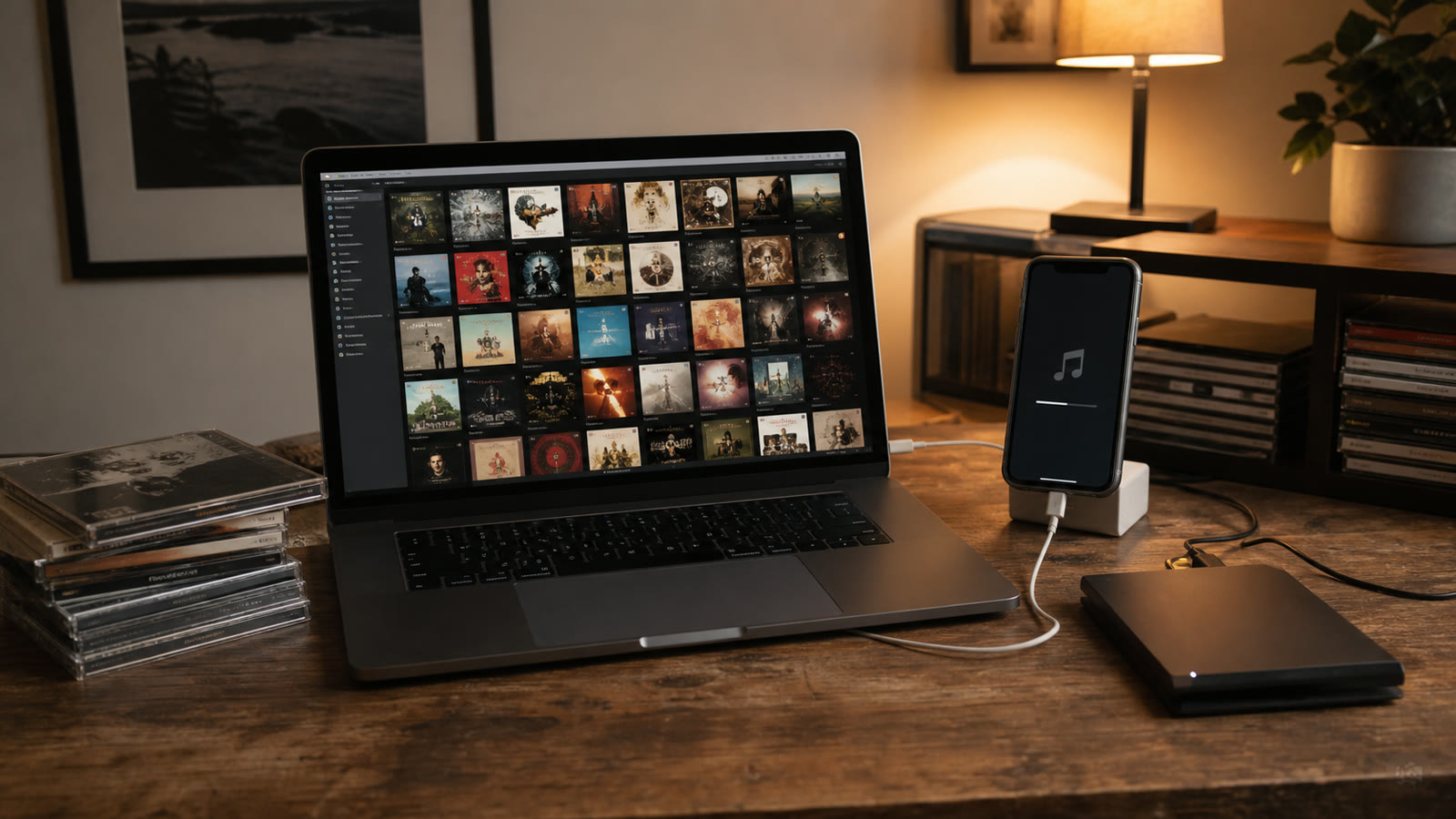 Laptop music library transferring owned albums to an iPhone beside CDs and an external drive