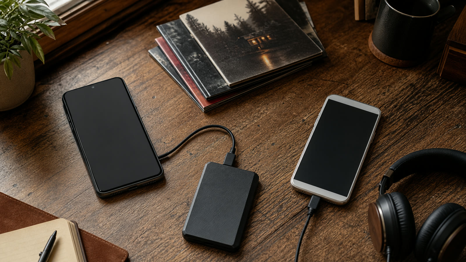Two phones, portable drive, headphones, and album booklets prepared for an Android-to-iPhone music transfer