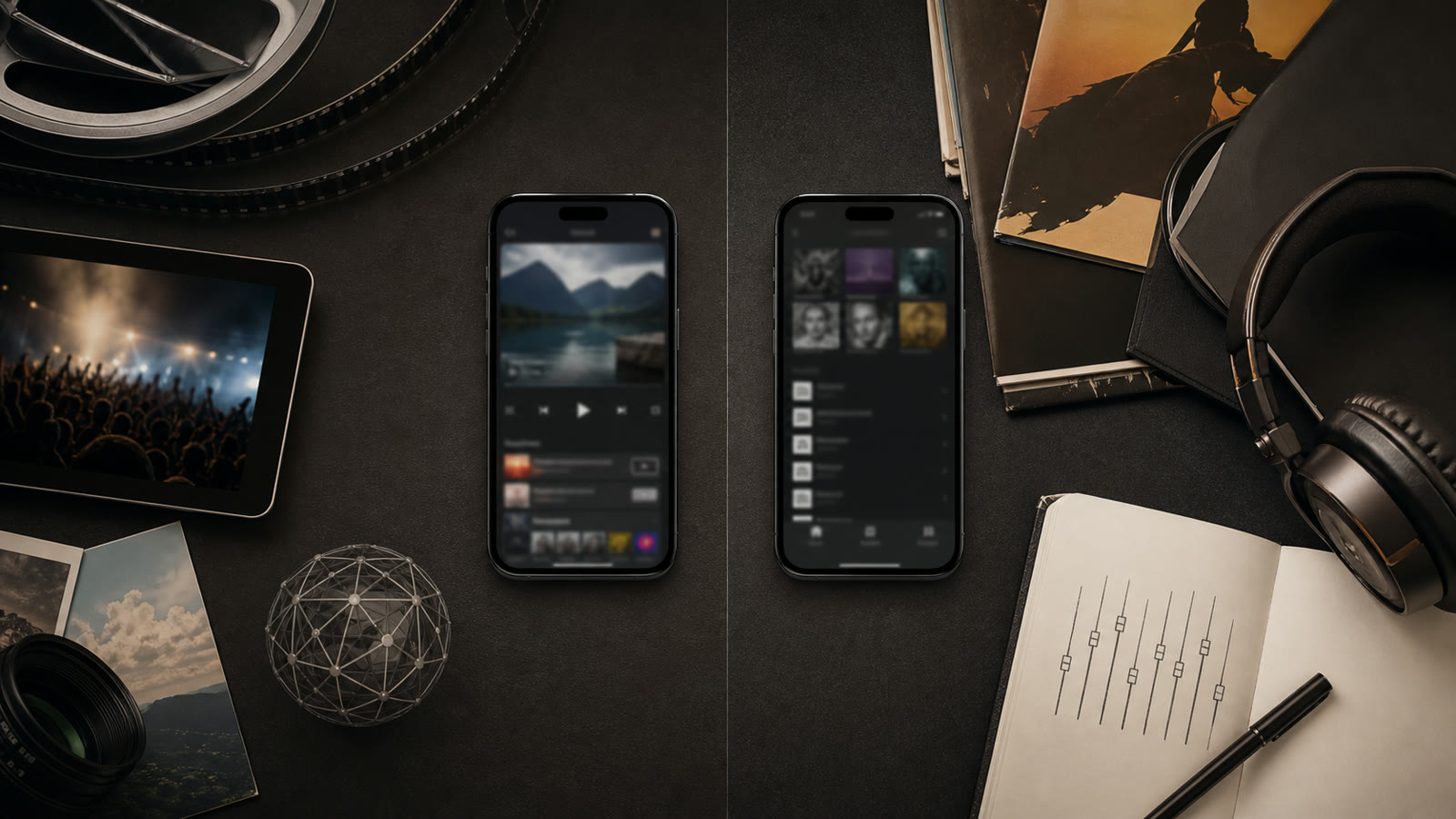 Two phones comparing broad mixed-media playback with a dedicated owned-music library workflow