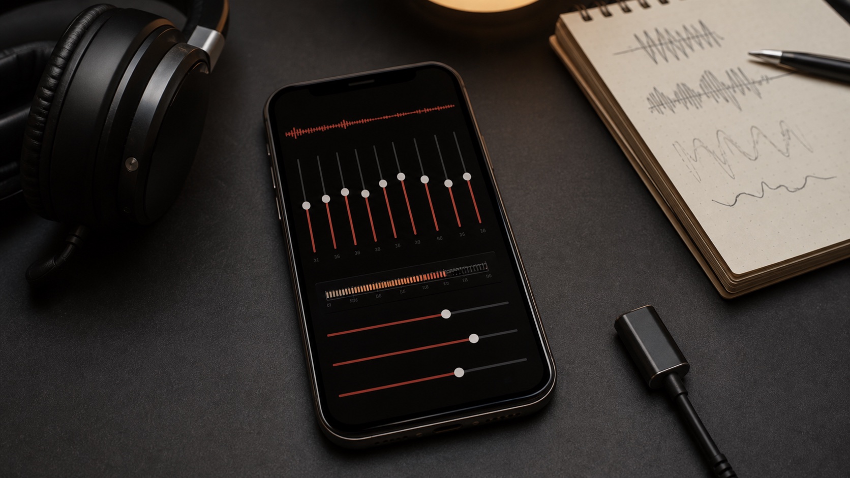 Natural desk photo of iPhone equalizer controls with headphones and audio notes
